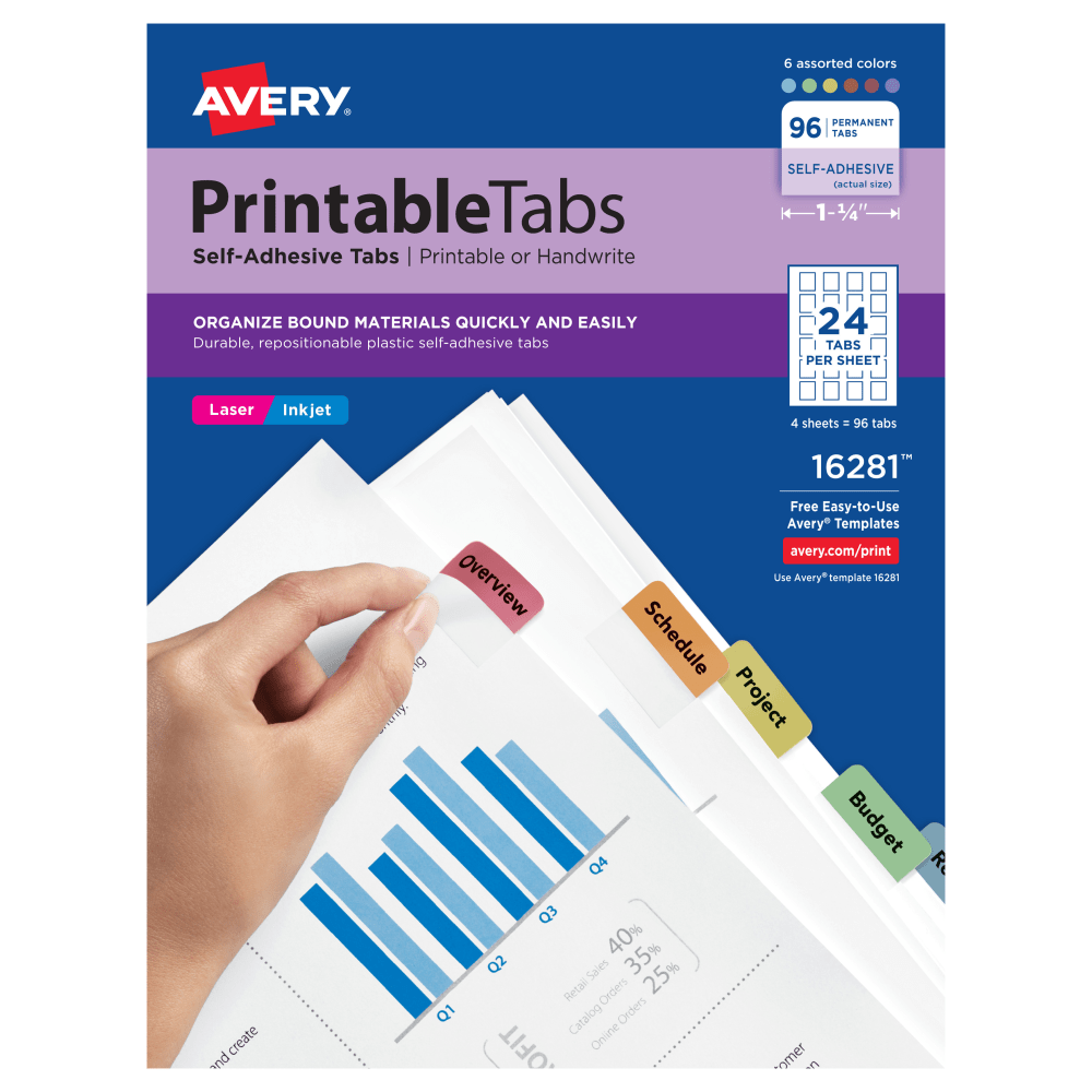 Avery Printable Self-Adhesive Tabs 16281, 1-1/4in x 1in, 96 Tabs