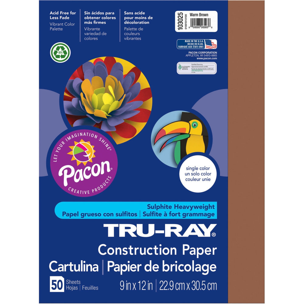 Tru-Ray Construction Paper, 50% Recycled, 9in x 12in, Warm Brown, Pack Of 50