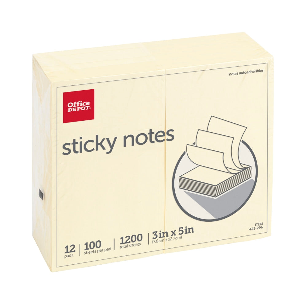 Office Depot Brand Sticky Notes, 3in x 5in, Yellow, 100 Sheets Per Pad, Pack Of 12 Pads