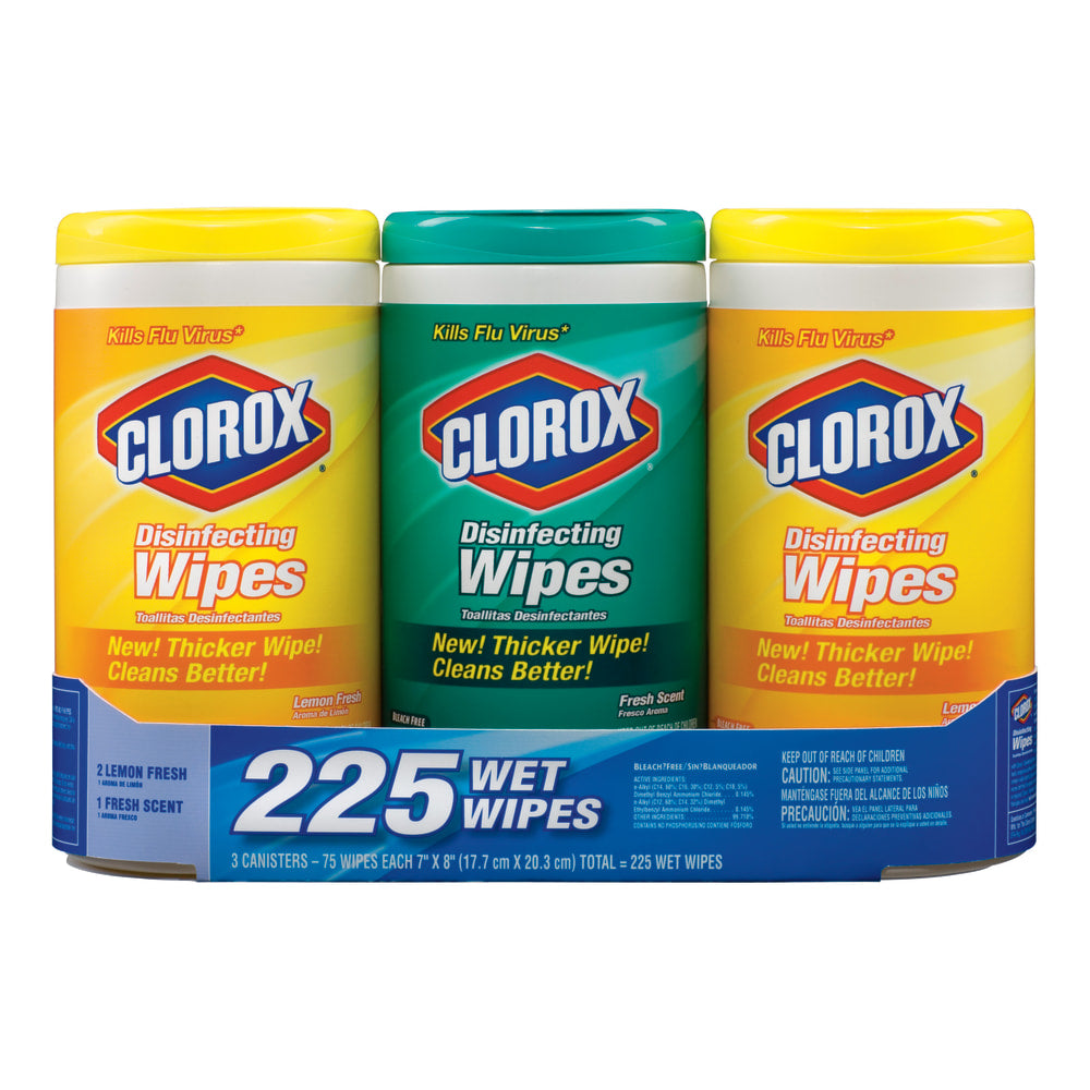 Clorox Disinfecting Bleach Free Cleaning Wipes Value Pack - Ready-To-Use - Fresh, Crisp Lemon Scent - 75 / Canister - 12 / Carton - Easy to Use, Bleach-free - White