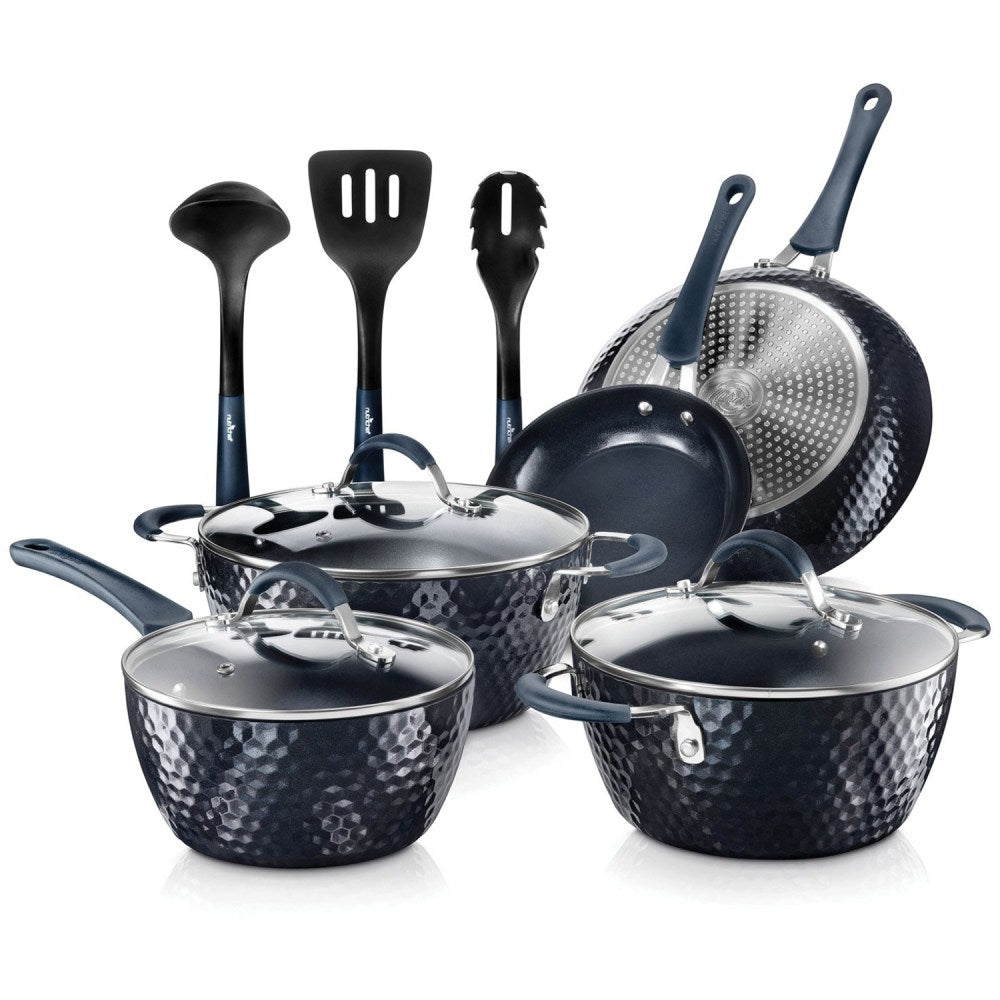 NutriChef Diamond Home Kitchen Cookware Set (Dark Blue) - 11 Pieces - Cooking, Frying, Sauce - 1.70 quart - 2nd Saucepan 3rd Saucepan - 8in Frying Pan - 11in 2nd Frying Pan - 3.60 quart Dutch Oven Griddle - Blue, Dark Blue