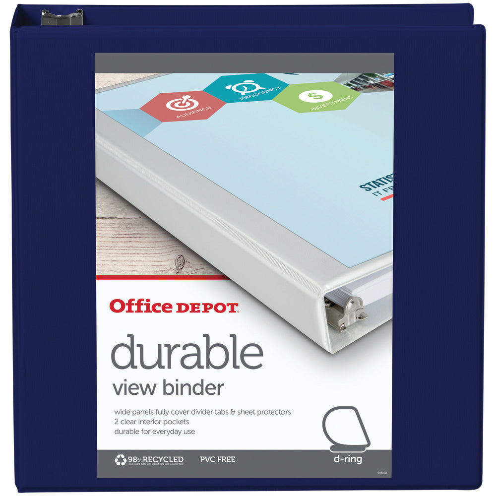 Office Depot Brand Durable View 3-Ring Binder, 2in D-Rings, Blue