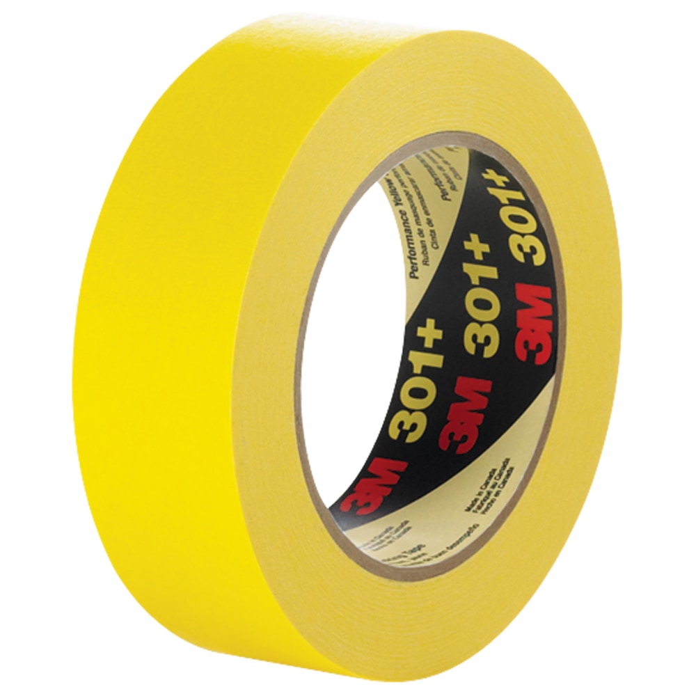 3M 301+ Masking Tape, 3in Core, 1.5in x 180ft, Yellow, Case Of 12