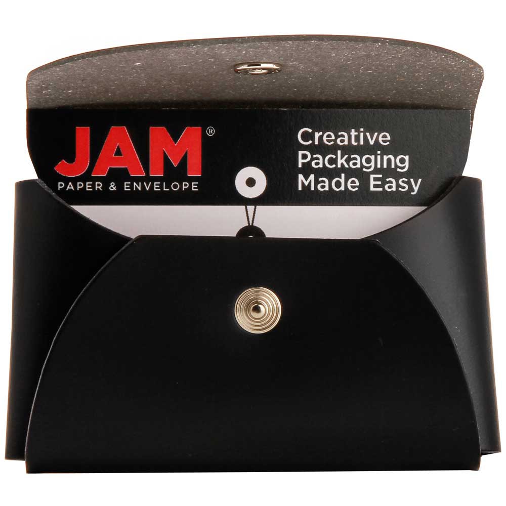 JAM Paper Leather Business Card Case, Round Flap, 2 1/4in x 3 1/2in x 3/4in, Black