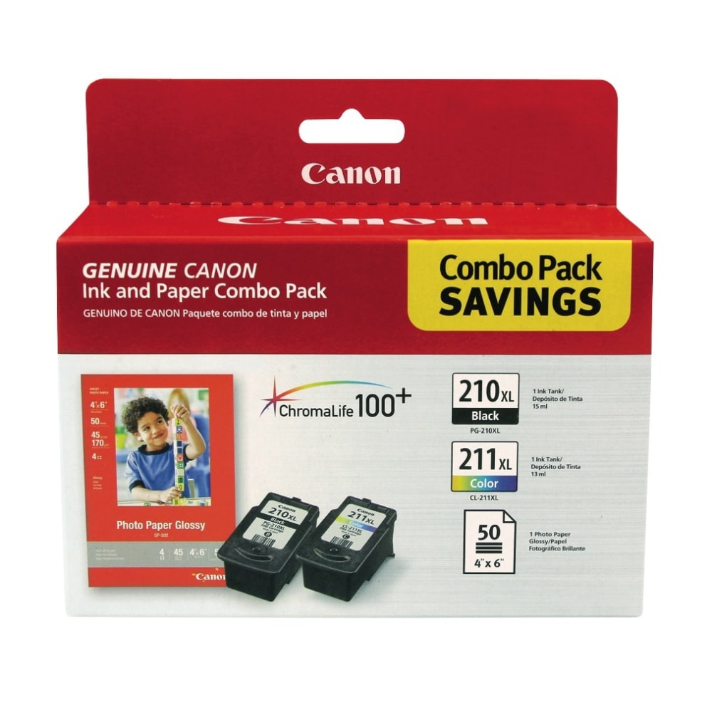 Canon PG-210XL Black/CL-211XL Tri-Color High-Yield Ink Cartridges And Photo Paper, Pack Of 2, 2973B004