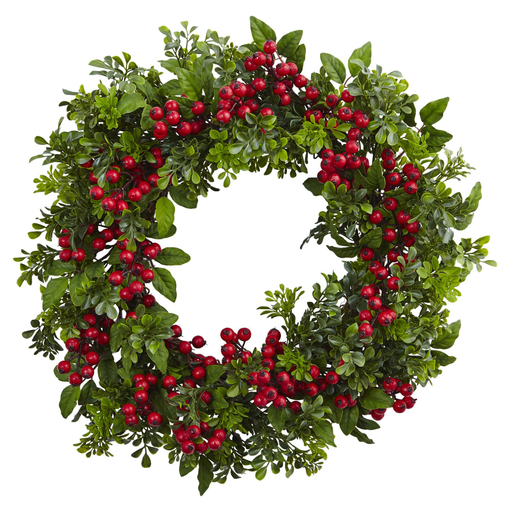 Nearly Natural Berry Boxwood Wreath, 24in x 3in, Red