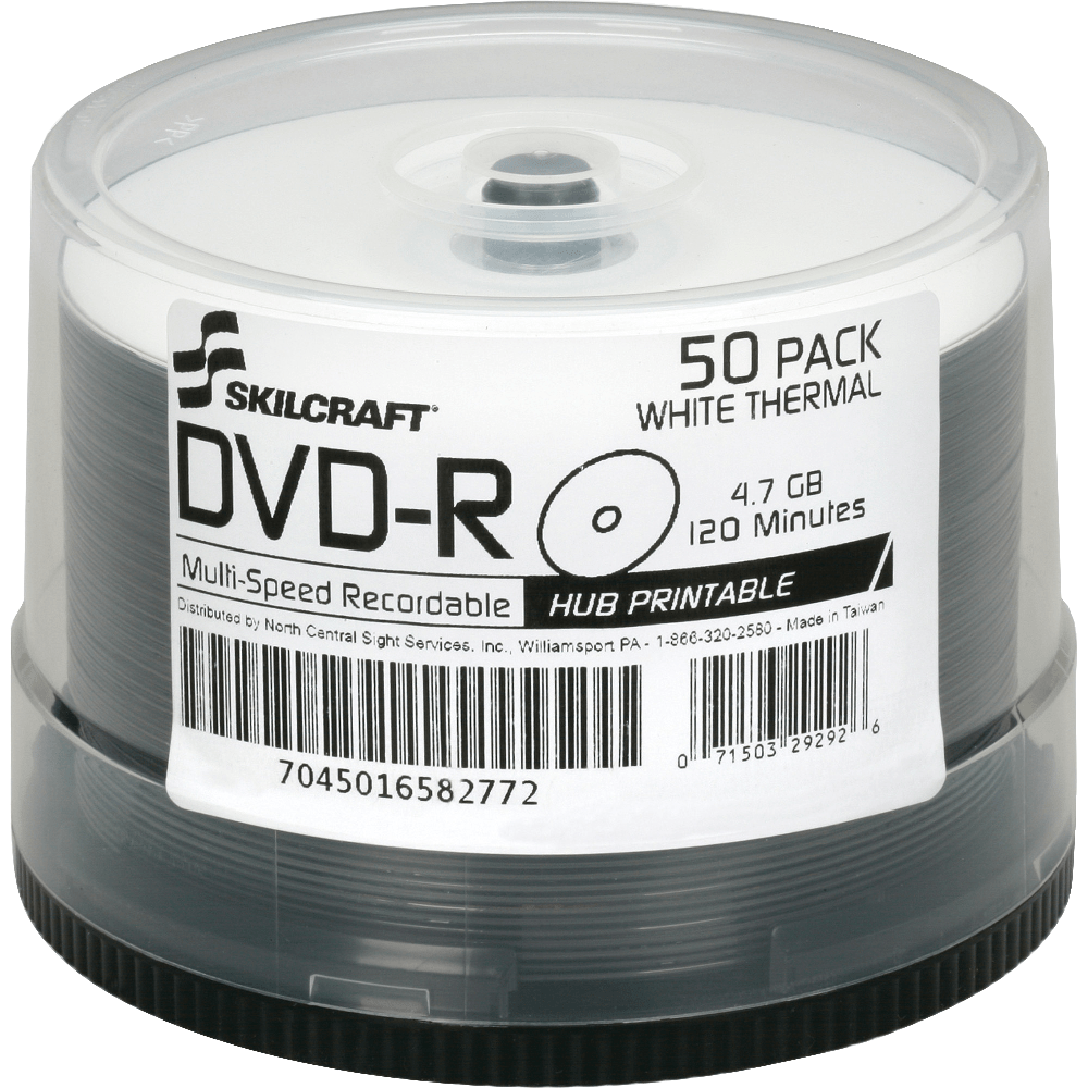 SKILCRAFT Laser Printable DVD-R Recordable Media With Spindle, 4.70 GB, 120 Minutes, Pack Of 50 Pack