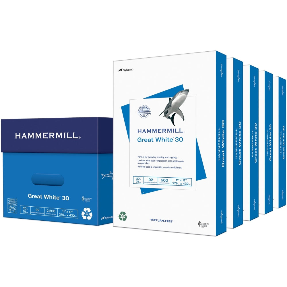 Hammermill Great White Inkjet Or Laser Paper, White, Ledger Size (11in x 17in), 30% Recycled, Ream Of 500 Sheets, 20 Lb, 92 Brightness