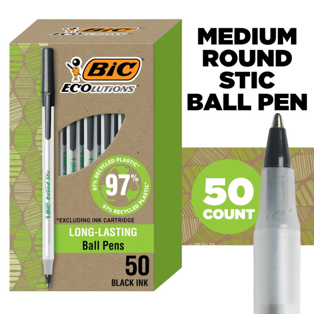 BIC Ecolutions Round Stic Ball Pens, Medium Point, 1.0 mm, 74% Recycled, Translucent Barrel, Black Ink, Pack Of 50 Pens