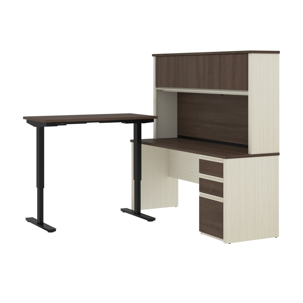 Bestar Prestige + 72inW L-Shaped Standing Corner Desk With Pedestal And Hutch, White Chocolate/Antigua