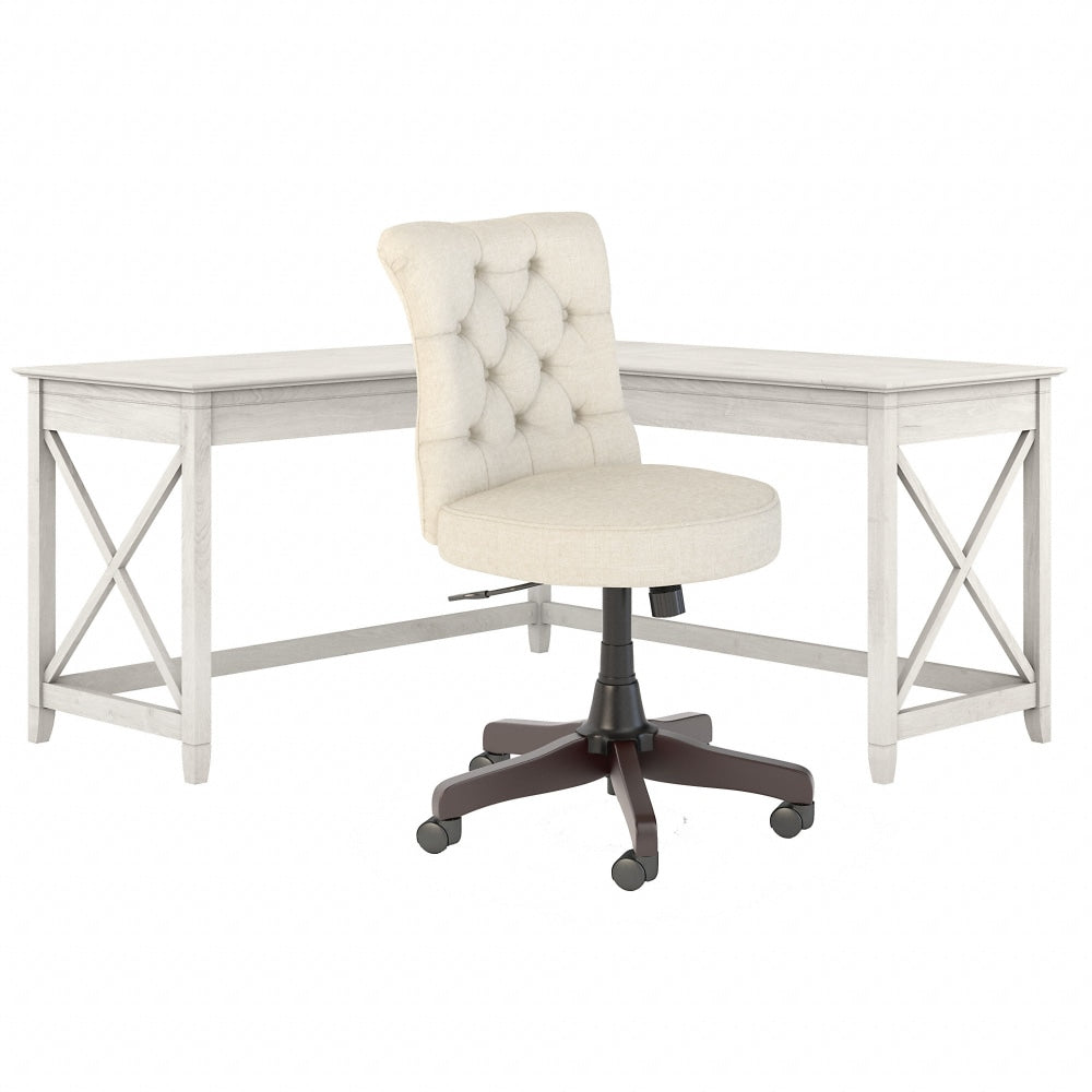 Bush Furniture Key West 60inW L-Shaped Desk With Mid-Back Tufted Office Chair, Linen White Oak, Standard Delivery