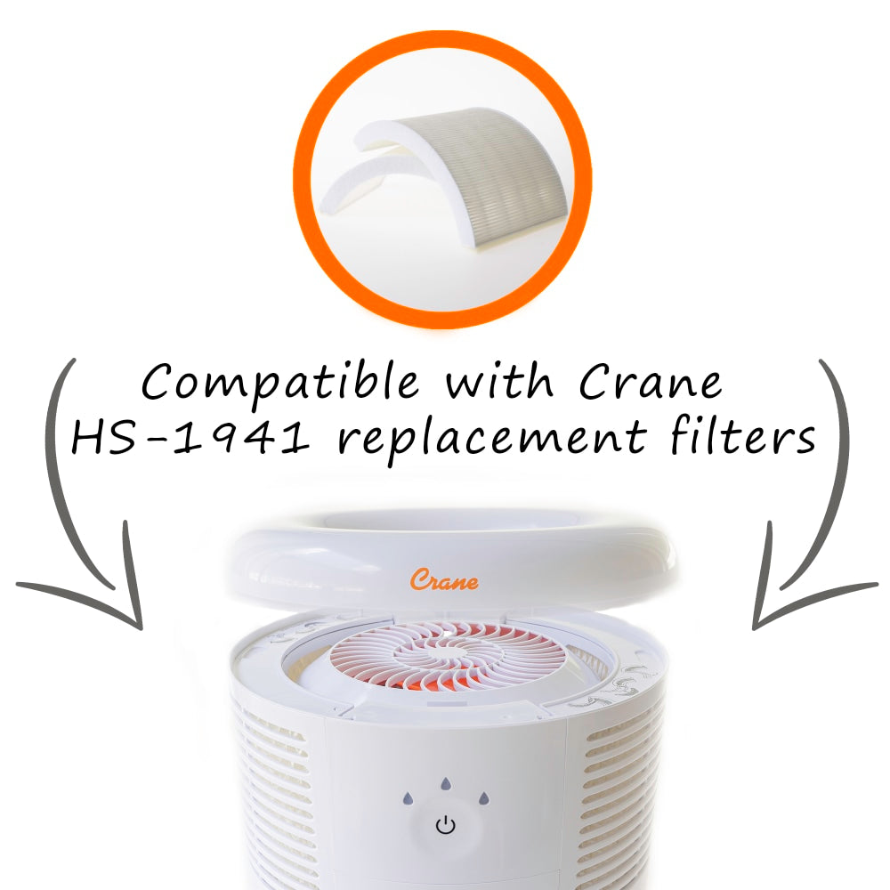 Crane HEPA Air Purifier with 3 Speed Settings, 300 Sq Ft. Coverage, 9 1/4in x 9 1/4in x 7 1/4in, White