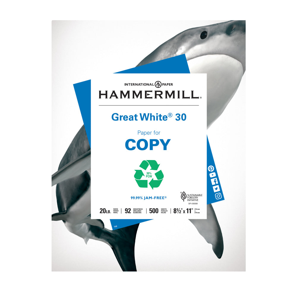 Hammermill Great White Copy Paper, White, Letter (8.5in x 11in), 500 Sheets Per Ream, 20 Lb, 92 Brightness, 30% Recycled