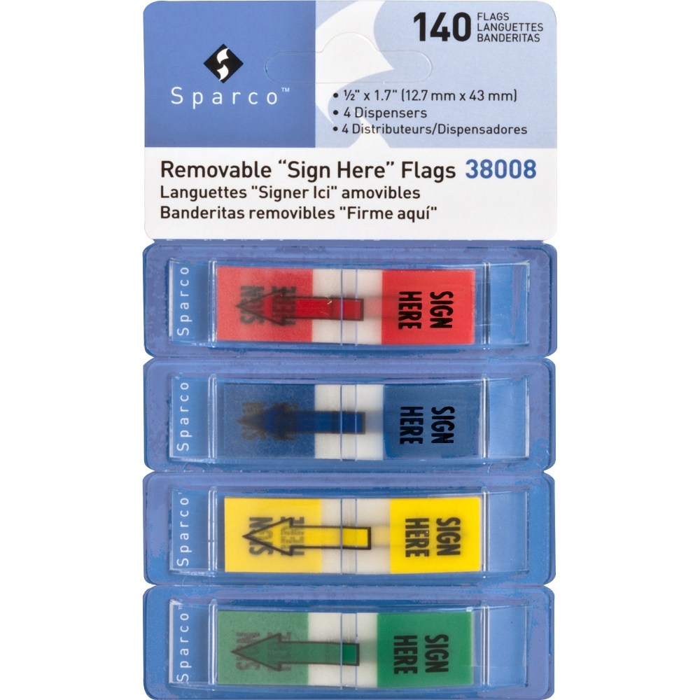 Sparco "Sign Here" Preprinted Self-Stick Flags, 1/2in x 1 3/4in, Assorted Colors, Pack Of 140