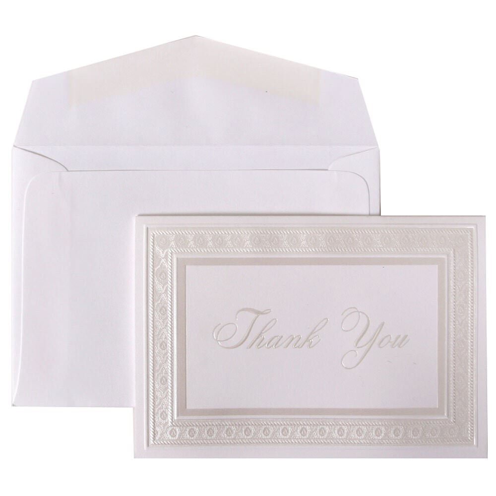 JAM Paper Thank You Card Set, 4 7/8in x 3 3/8in, 65 Lb, Bright White/Pearl Border, Set Of 104 Cards And 100 Envelopes