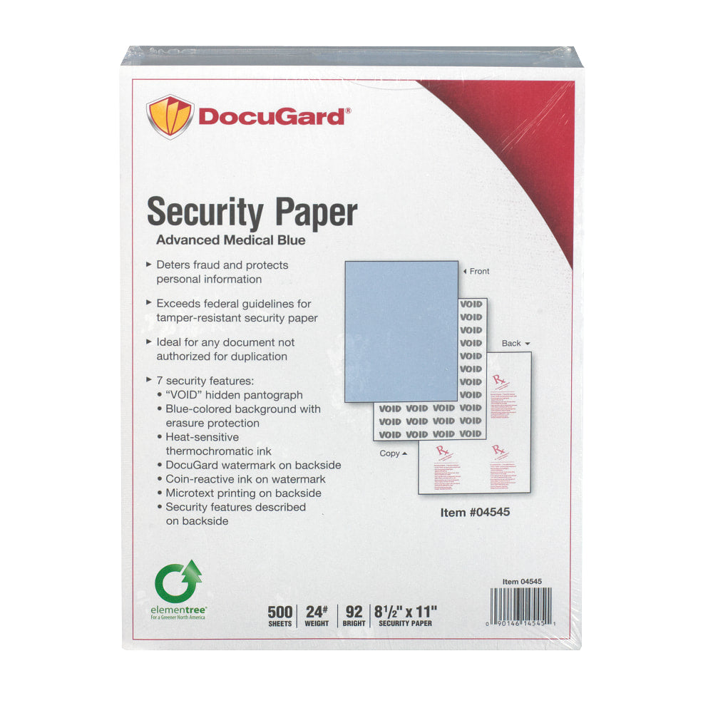 DocuGard Advanced Medical Security Paper - Letter - 8 1/2in x 11in - 24 lb Basis Weight - 500 / Ream - Tamper Resistant, Watermarked, CMS Approved - Blue