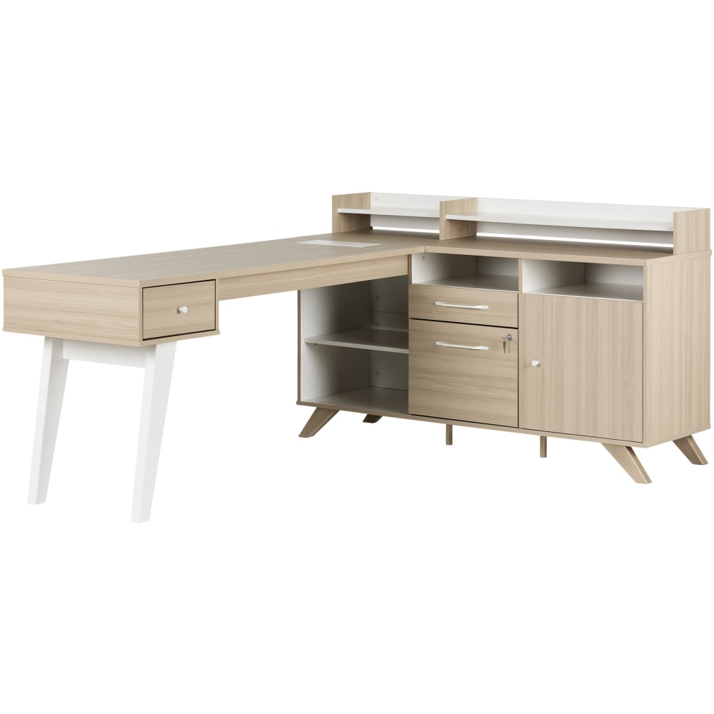 South Shore Helsy 78inW L-Shaped Computer Desk, Soft Elm/Pure White