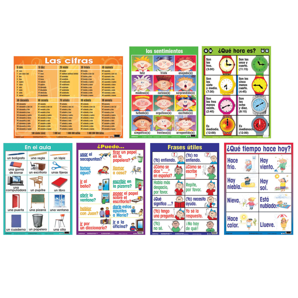 Poster Pals Spanish Essential Classroom Posters, 24in x 18in, Set Of 7 Posters