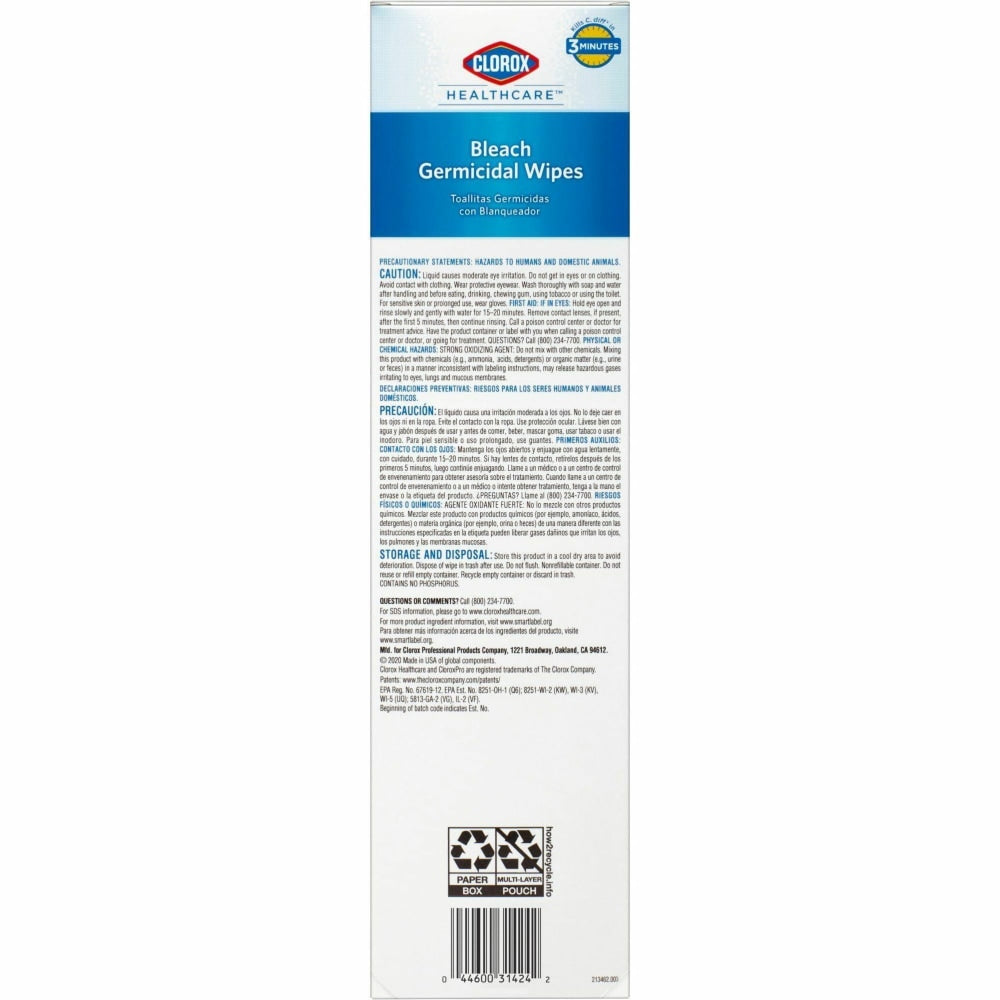 Clorox Healthcare Bleach Germicidal Wipes - Ready-To-Use - 50 / Packet - 468 / Pallet - White