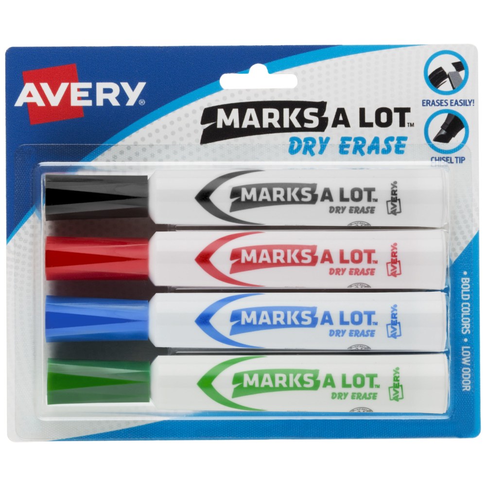 Avery Marks A Lot Dry Erase Markers, Chisel Tip, Desk-Style, Assorted Colors, Pack Of 4 Markers