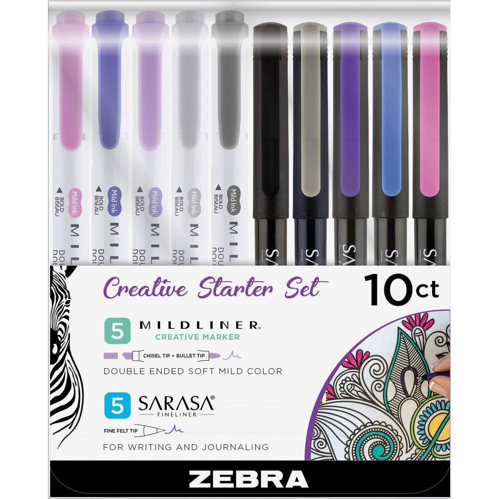 Zebra Pen SARASA/MILDLINER 10-Piece Creative Starter Set, Assorted Sizes, Assorted Ink Colors