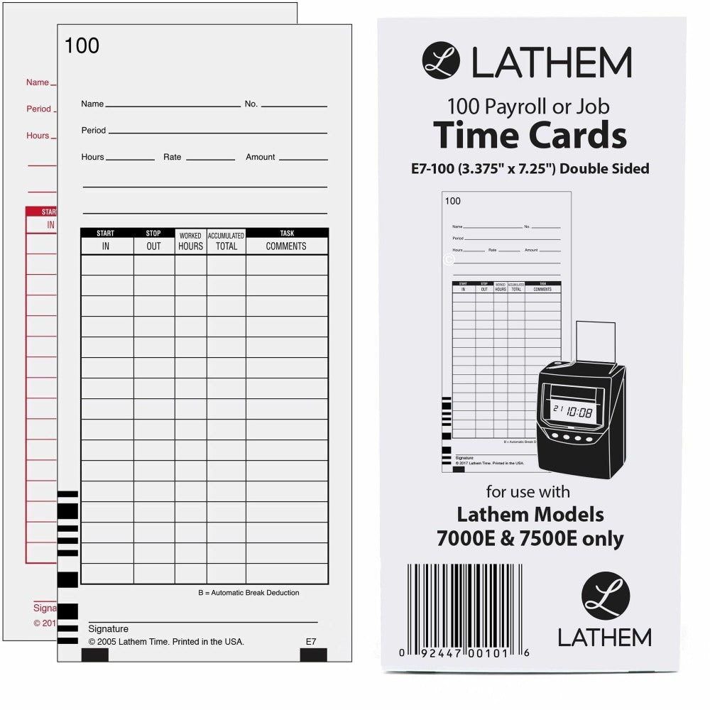 Lathem Time Cards, Numbered 1-100, 2-Sided, 3 3/8in x 7 1/4in, Pack Of 100