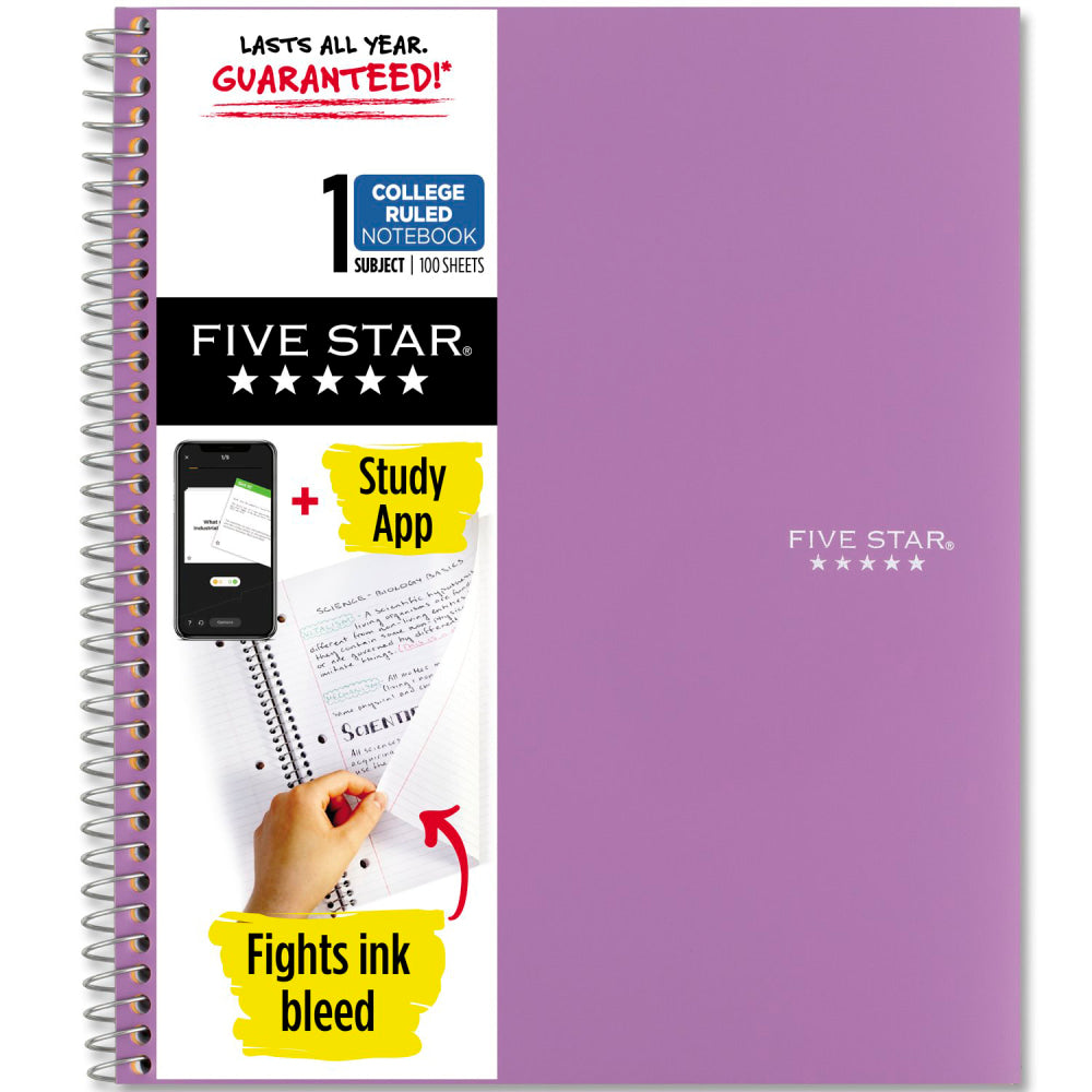 Five Star Wire-Bound Notebook, 8-1/2in x 11in, 1 Subject, College Ruled, 100 Sheets, Amethyst Purple