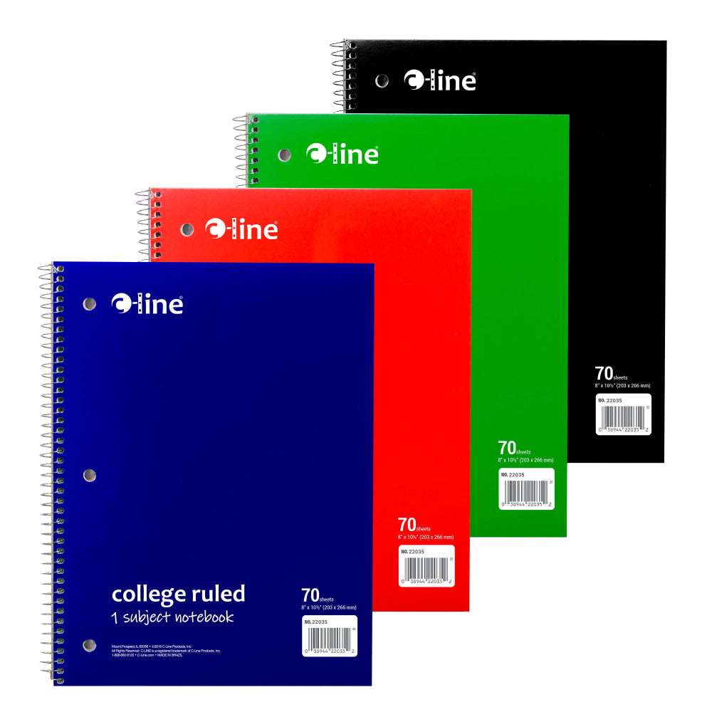 C-Line College Rule Spiral Notebooks, 8in x 10-1/2in, 70 Sheets, Assorted Colors, Pack Of 24 Notebooks