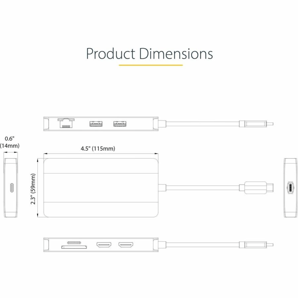 StarTech.com USB C Multiport Adapter, Dual HDMI, 4K 60Hz, 2x 5Gbps USB-A 3.1 Hub, 100W Power Delivery, GbE, SD/MicroSD, USB C Mini Dock
