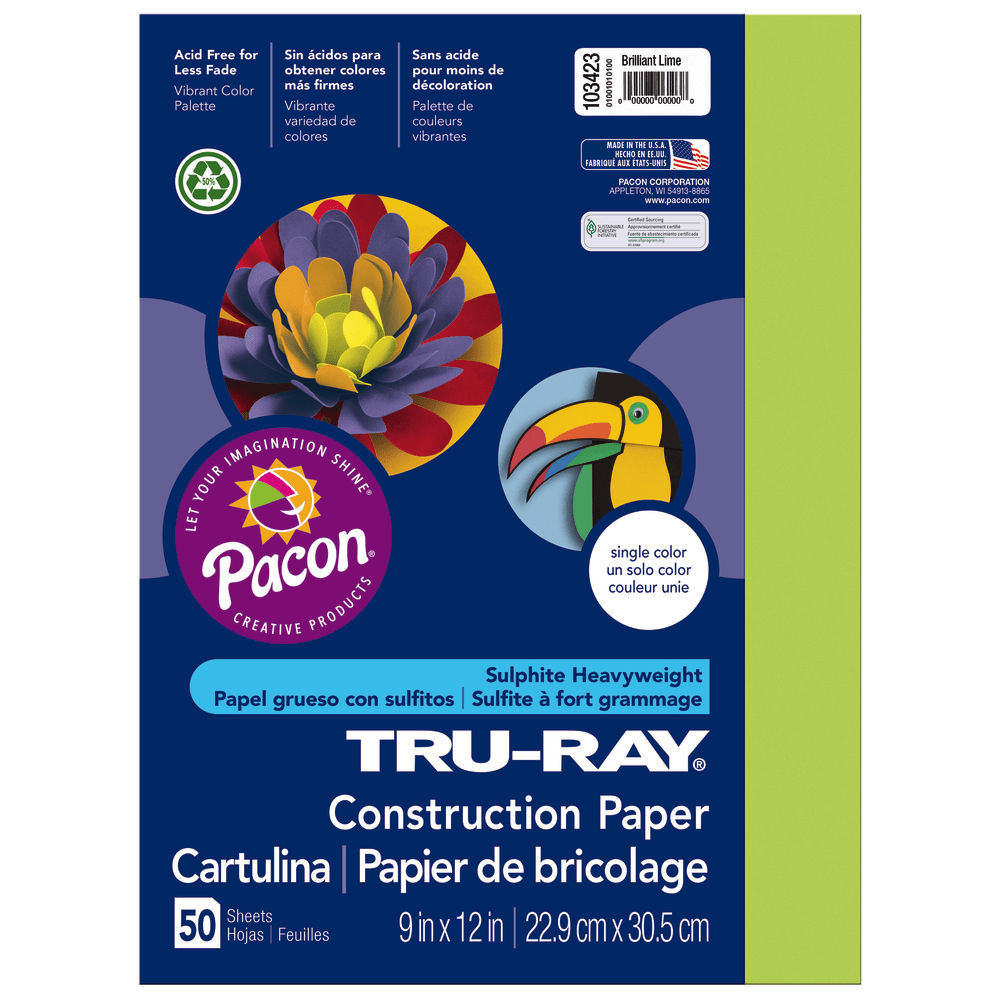 Tru-Ray Construction Paper, 50% Recycled, 9in x 12in Brilliant Lime, Pack Of 50