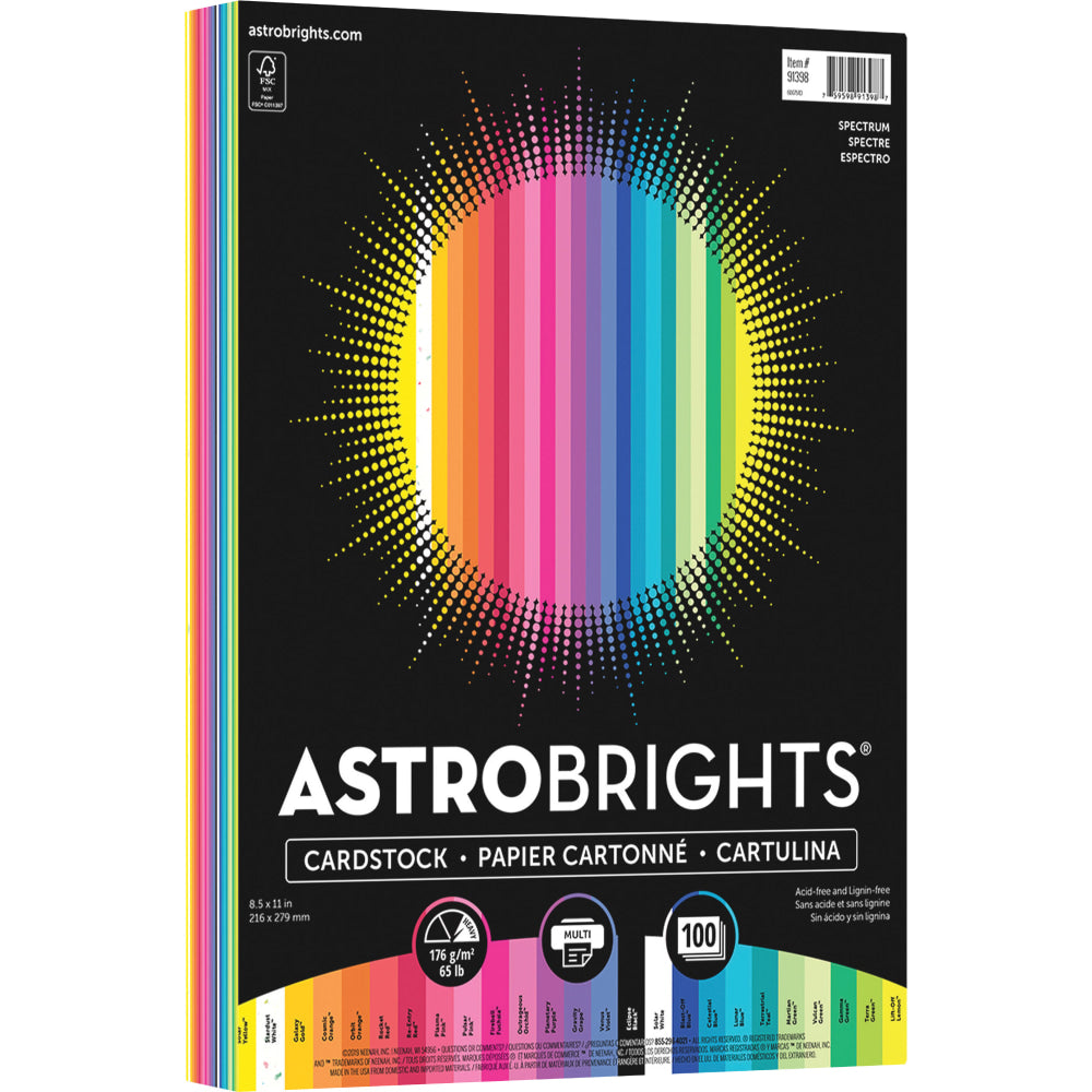 Astrobrights Multi-Use Card Stock, Assorted Colors, Letter (8.5in x 11in), 65 lb, Pack Of 100