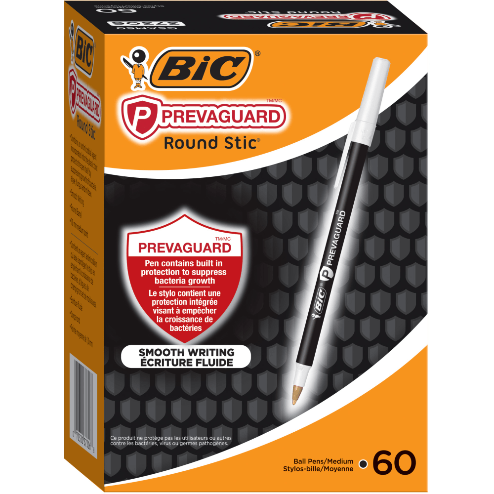 BIC Prevaguard Round Stic Pens With Antimicrobial Additive, Medium Point, 1.0 mm, Black Barrel, Black Ink, Pack Of 60 Pens