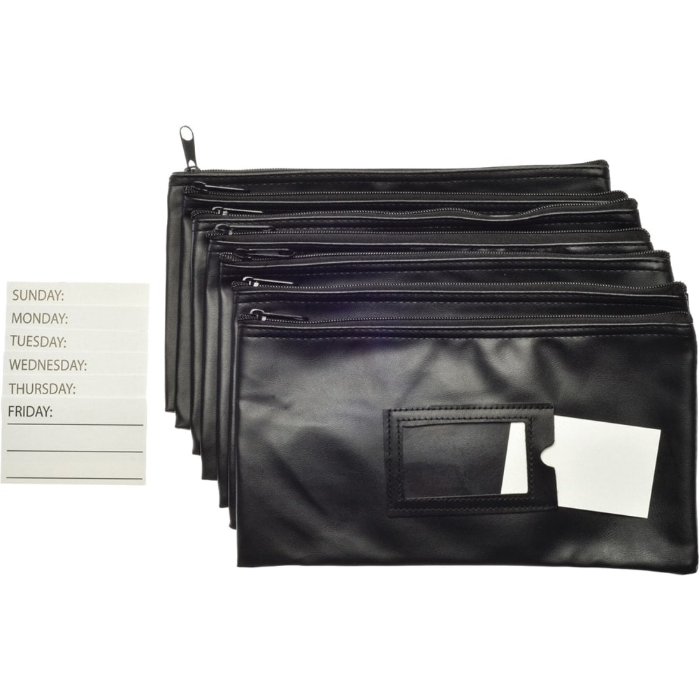 Nadex Coins Black 7 Days Bank Deposit Cash and Coin Pouches - 11in Width x 6in Length - Black - Faux Leather - 7 - Cash, Coin, Document, Receipt, Office Supplies, Map, School Supplies, Jewelry