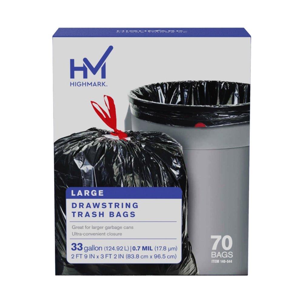 Highmark Large Drawstring Trash Bags, 33 Gallon, Black, Box Of 70 Bags