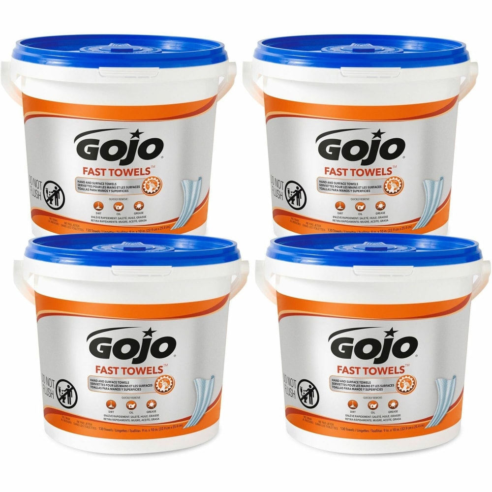 GOJO Fast Textured Wet Shop Towels, Citrus Scent, Bucket Of 130 Towels, Case Of 4 Buckets