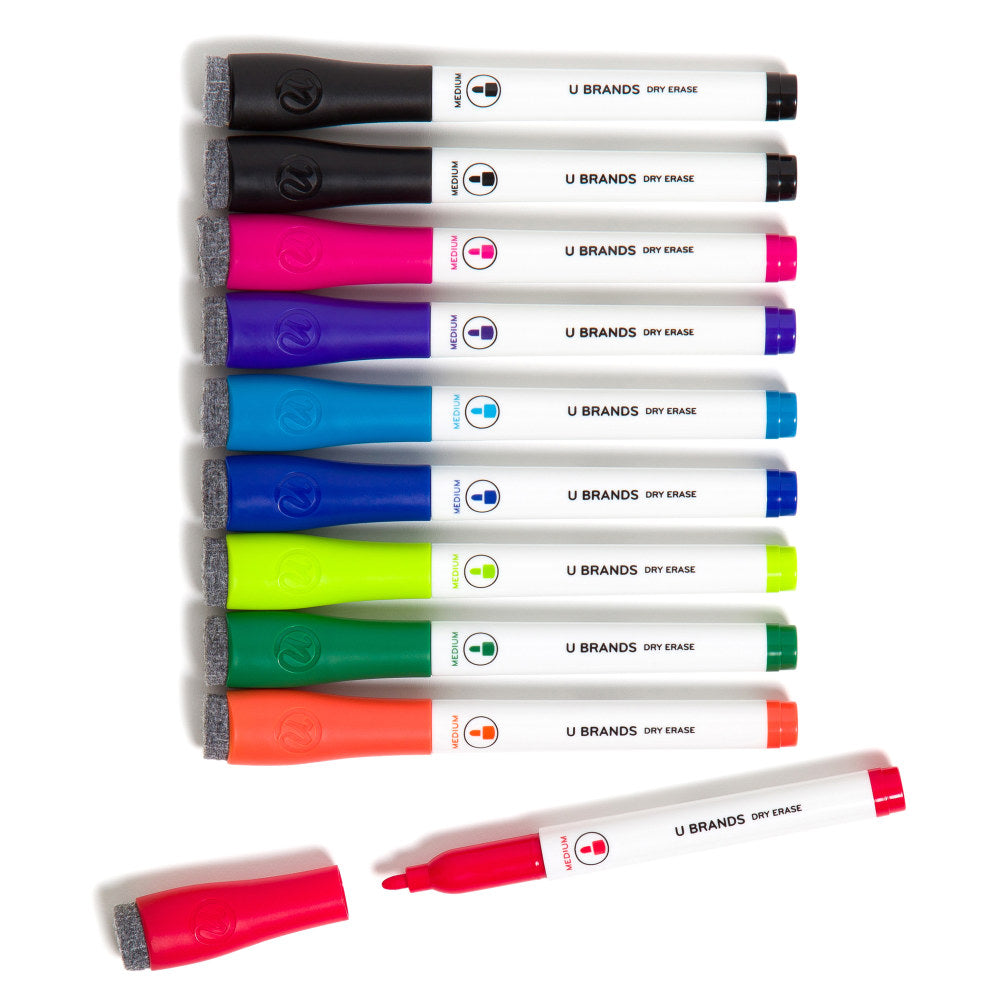 U Brands Low-Odor Dry-Erase Markers, Medium Point, White Barrels, Assorted Ink Colors, Pack Of 10 Markers