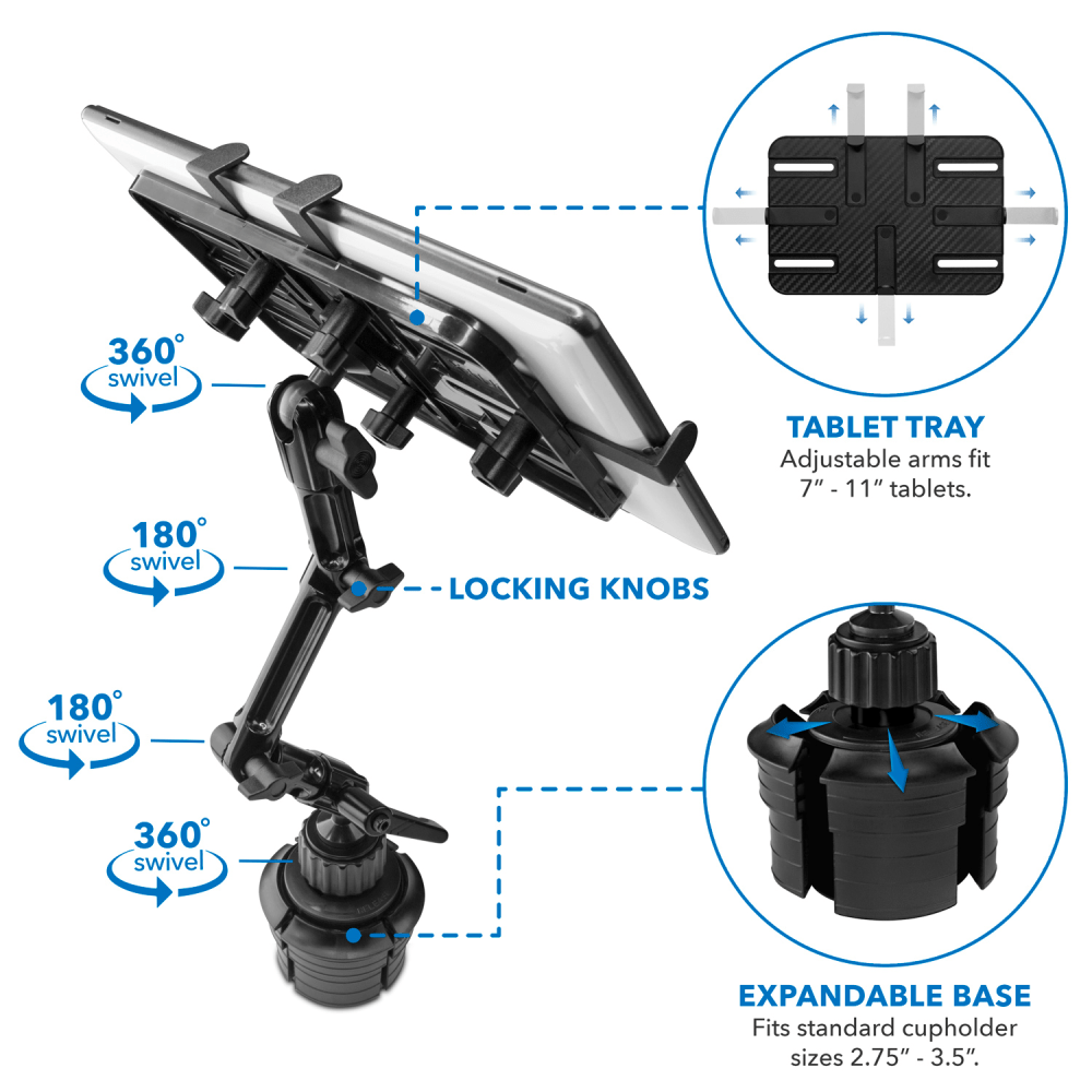 Mount-It! MI-7320 Car Cup Holder Mount For 7 - 11in Tablets, Black