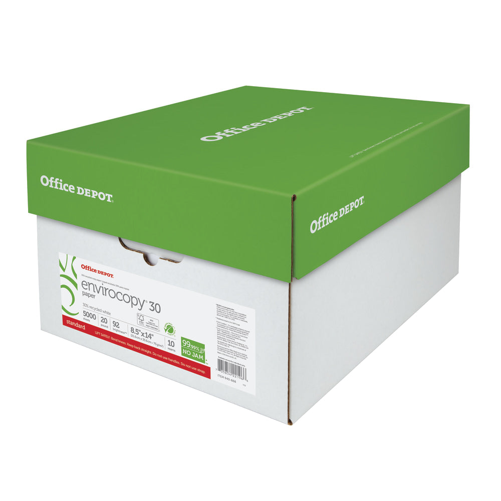 Office Depot EnviroCopy Copy Paper, White, Legal (8.5in x 14in), 5000 Sheets Per Case, 20 Lb, 30% Recycled, FSC Certified, Case Of 10 Reams