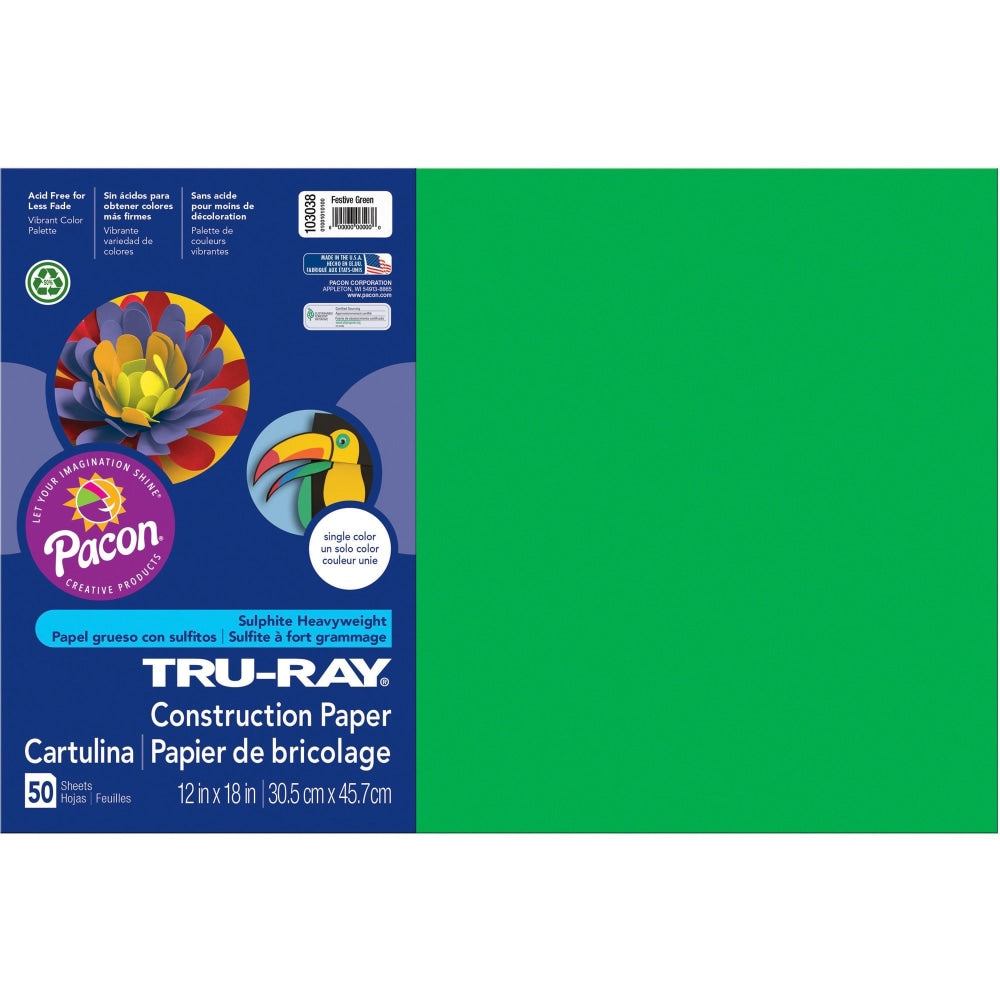 Tru-Ray Construction Paper, 50% Recycled, 12in x 18in, Festive Green, Pack Of 50