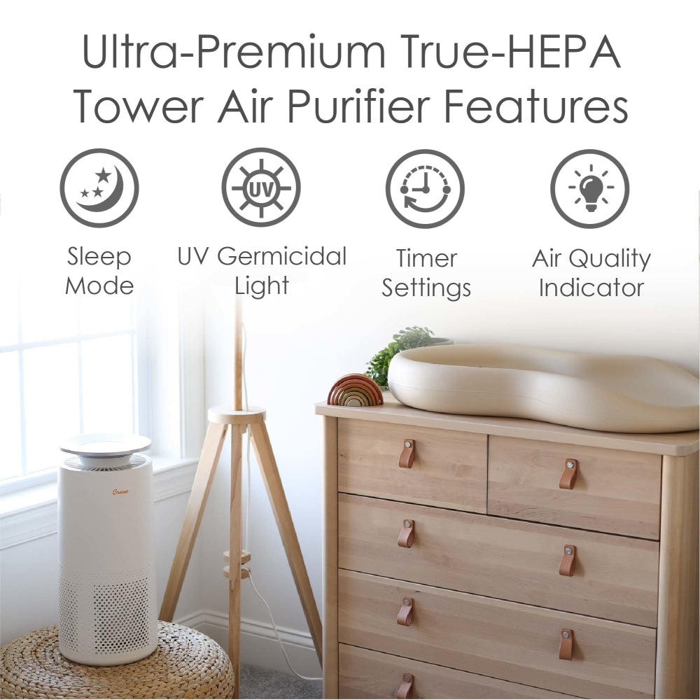 Crane Ultra Premium True HEPA Air Purifier, 500 Sq. Ft. Coverage, 18-3/4in x 9-1/2in