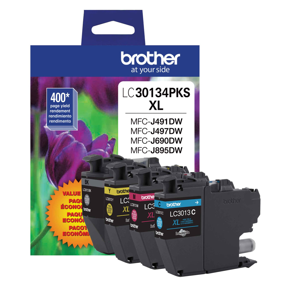 Brother LC3013 Black; Cyan; Magenta; Yellow High-Yield Multi-Pack Ink, Pack Of 4 Cartridges, LC30134PKS