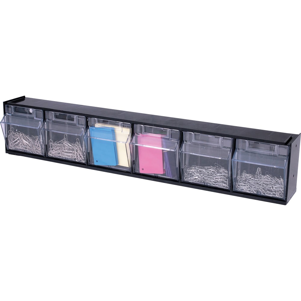 Deflecto Interlocking Horizontal Tilt Bin, 6 Bins, Small Size, 4 1/2in x 23 5/8in x 3 5/8in, Black/Clear