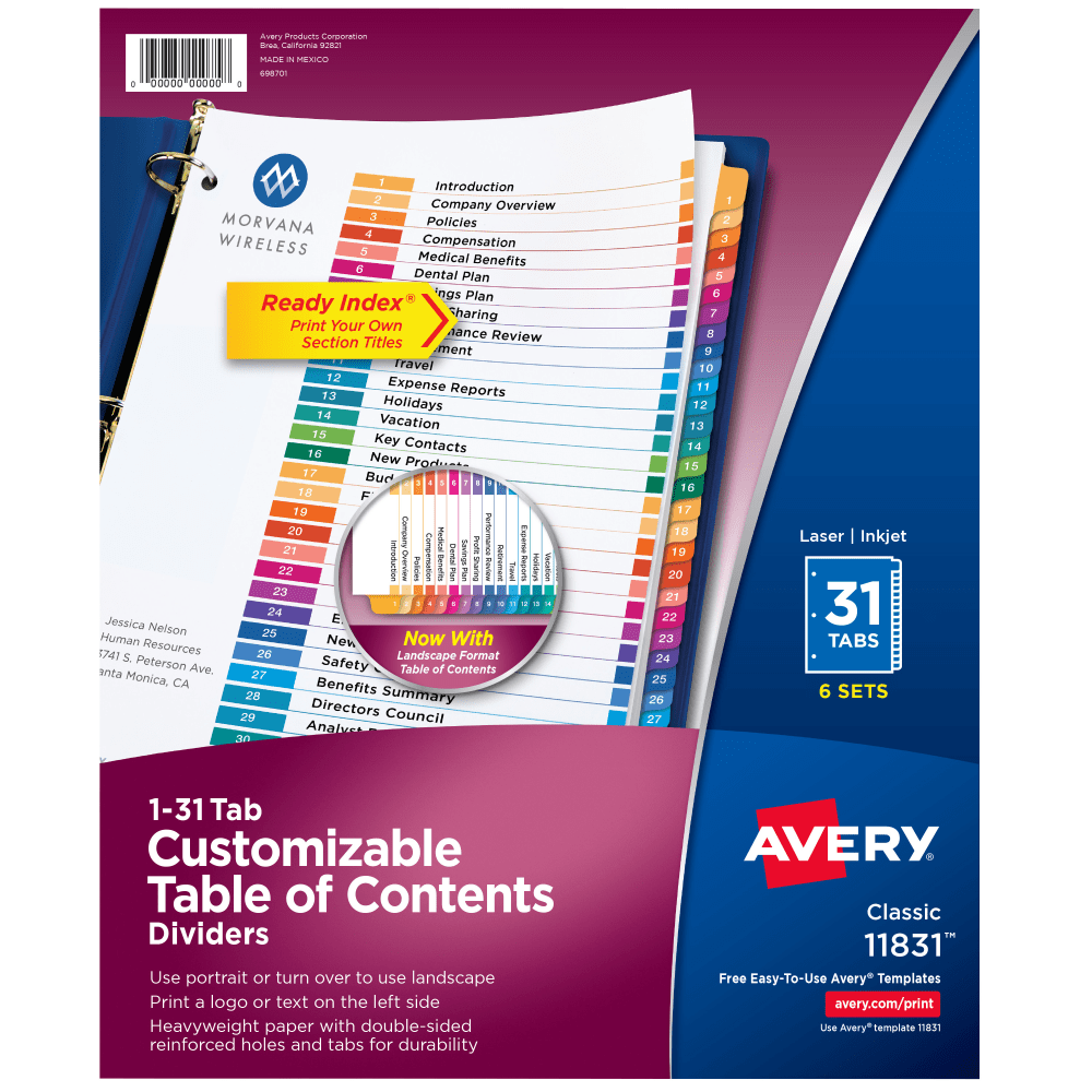 Avery Ready Index Binder Dividers, Customizable Table Of Contents, 31 Tab, Multicolor, Set Of 6 Sets