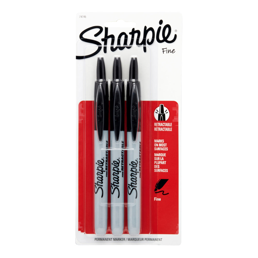 Sharpie Retractable Permanent Markers, Fine Point, Black, Pack Of 3 Markers