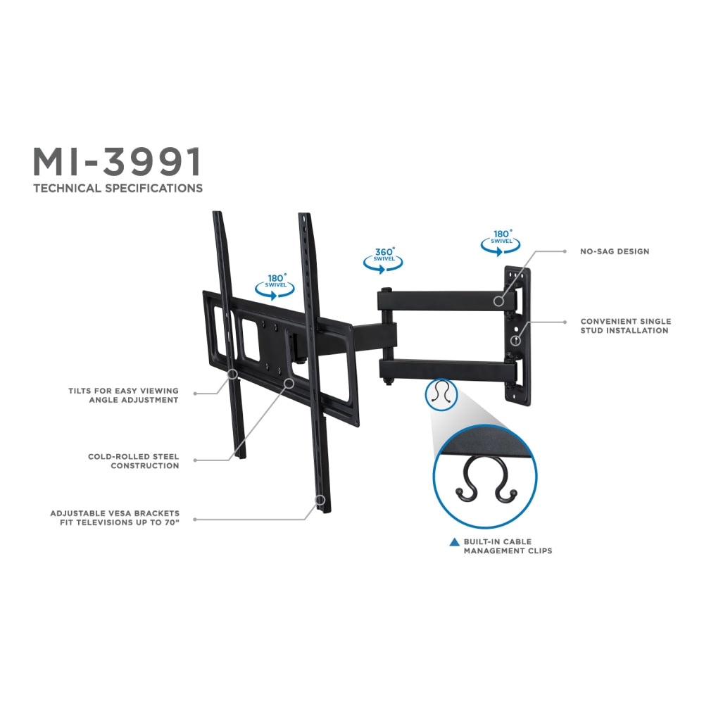 Mount-It! MI-3991L Full-Motion TV Wall Mount For Screens 37 - 70in, 9inH x 27inW x 2-1/2inD, Black