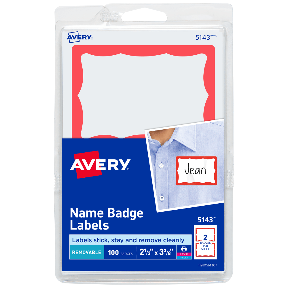 Avery Name Tags, 05143, 2-1/3in x 3-3/8in, White With Red Border, 100 Removable Name Badges