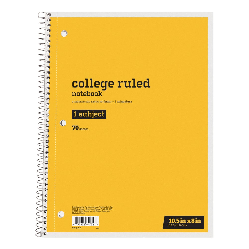 Just Basics Spiral Notebook, 8in x 10-1/2in, 1 Subject, College Ruled, 70 Sheets, Yellow