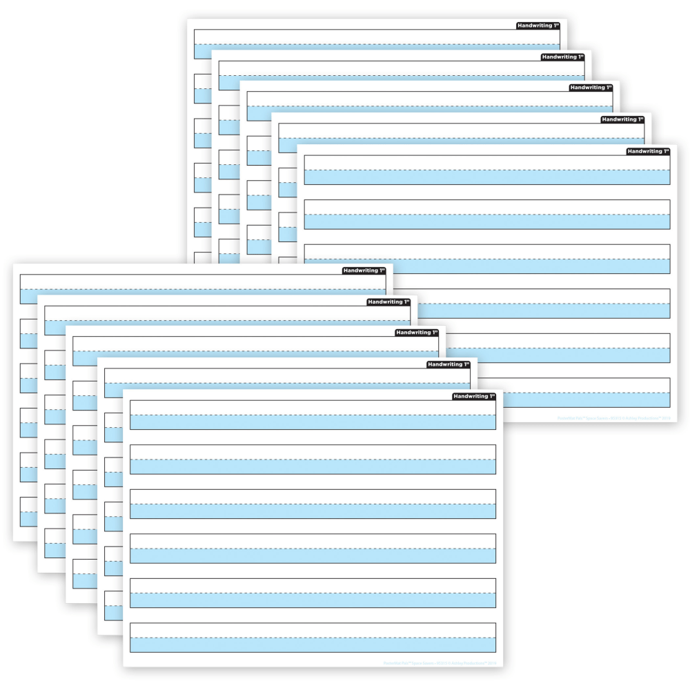 Ashley Productions Smart Poly PosterMat Pals Space Savers, 13in x 9-1/2in, 1in Handwriting Highlighted Blue, Pack Of 10 Pieces