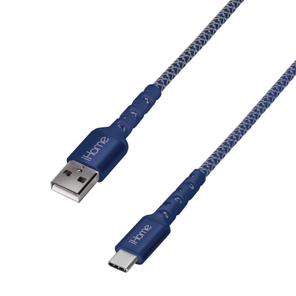 iHome Nylon-Braided USB-A To USB-C Cable With Durstrain, 6ft, Blue