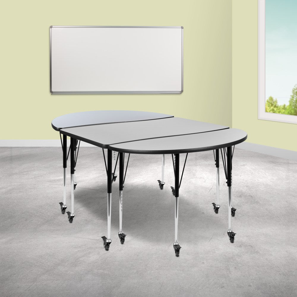 Flash Furniture Mobile Oval Wave Flexible Thermal Laminate 3-Piece Activity Table Set With Standard Height Adjustable Legs, 30inH x 47-1/2inW x 76inD, Gray